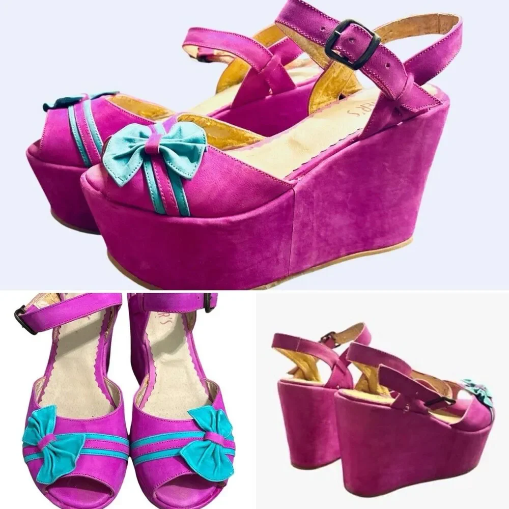 Women’s Pee Toe Fuchsia Wedge Platform Sandals Suede Bow Doll Barbiecore Cosplay